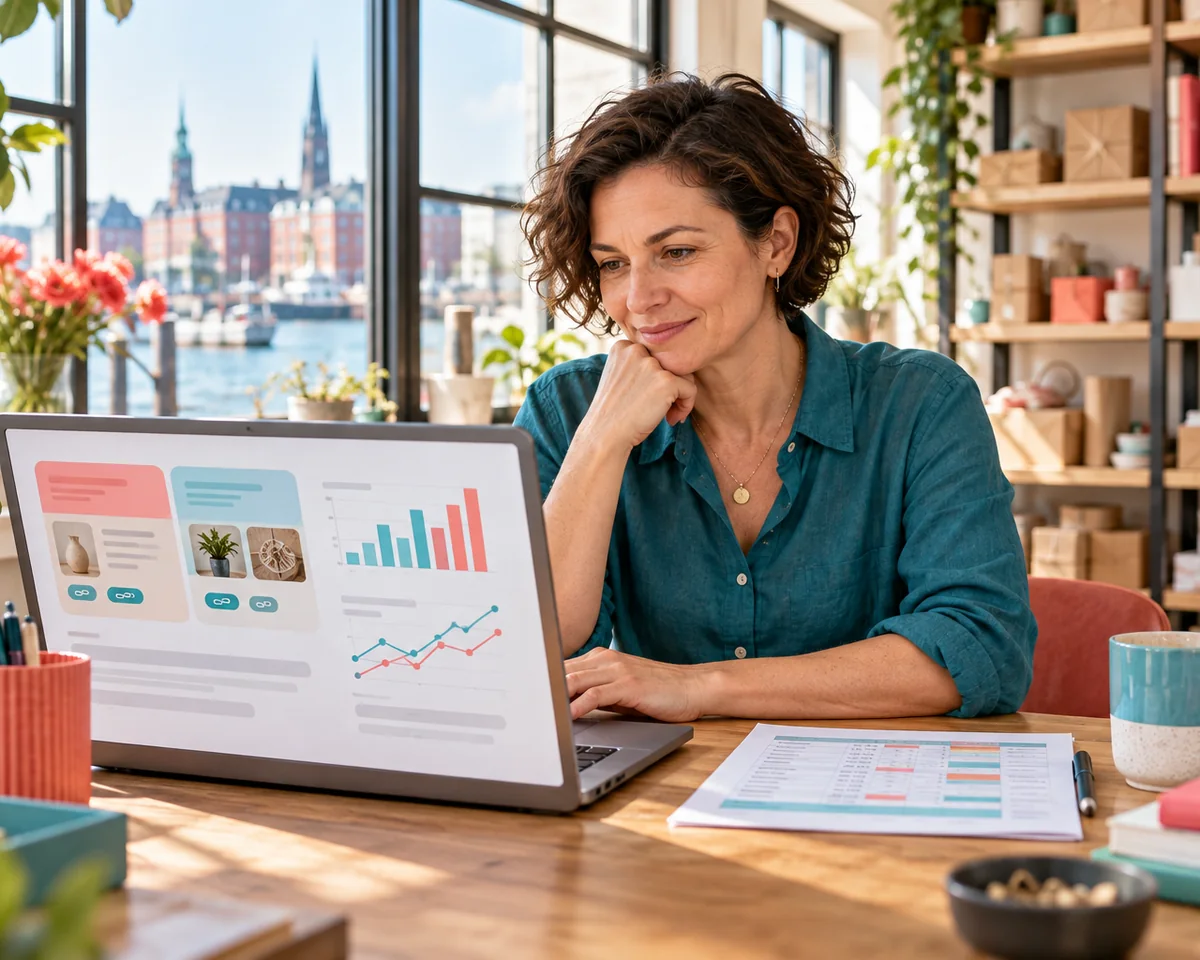 Mehr Links in Googles KI Übersichten und im KI Modus, aber keine Klickzahlen: Was Google geändert hat und wie du Besuche aus KI Antworten trotzdem misst Inhaberin eines kleinen Geschäfts vergleicht am Laptop Diagramme zu Besuchen aus KI-Antworten – Messung von AI Overviews