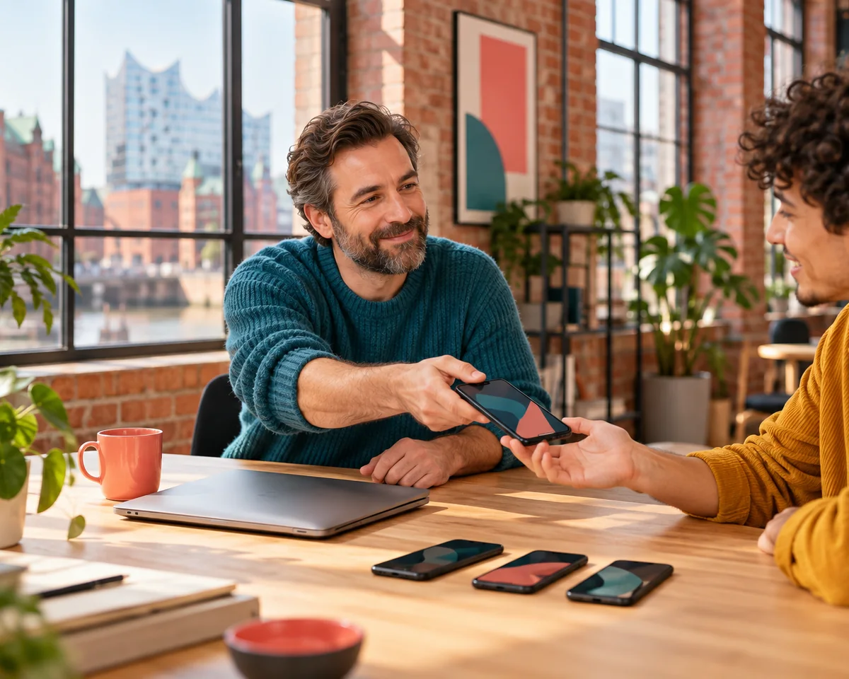Inhaber eines kleinen Hamburger Designbüros verteilt Firmen-Smartphones an sein Team