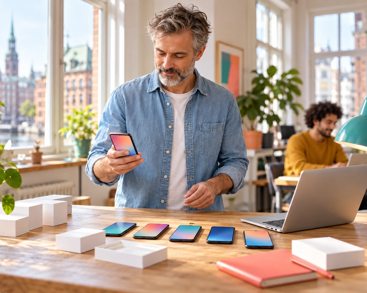 Mitarbeiter richtet im Büro mehrere neue Smartphones und einen Laptop für das Team ein – Geräteverwaltung mit Apple Business