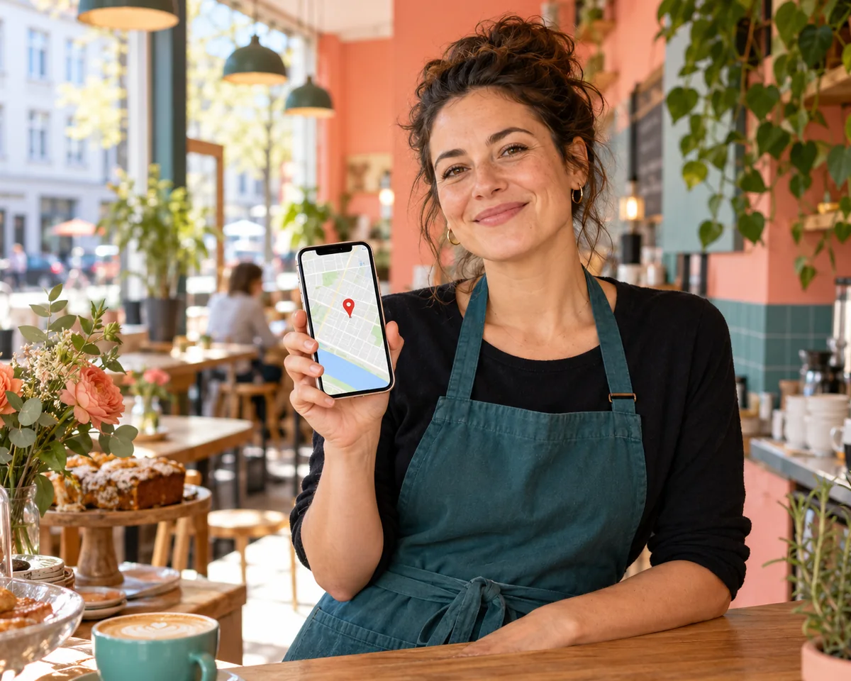 Inhaberin eines Hamburger Cafés zeigt ein Smartphone mit Kartenansicht und Standort-Pin