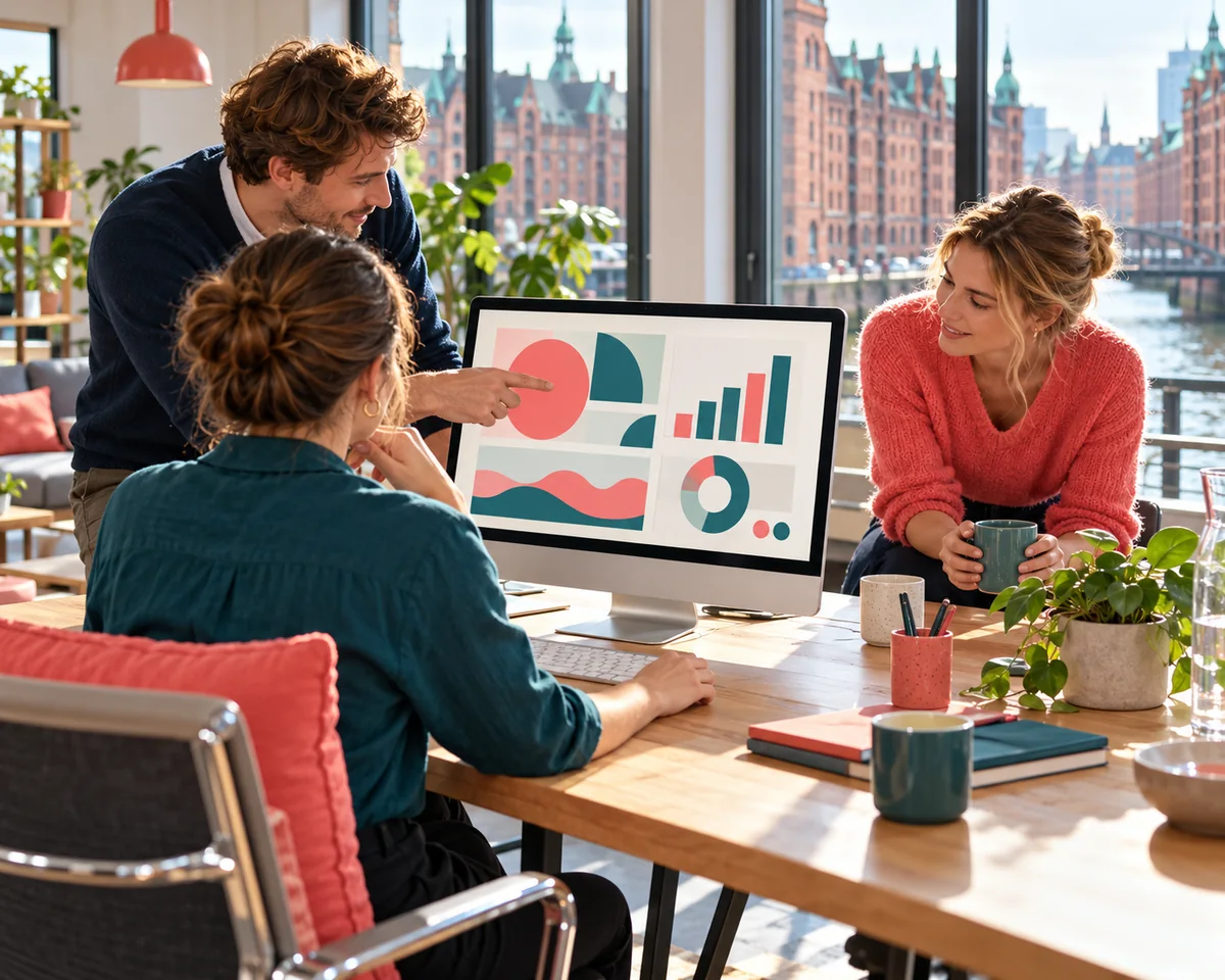 Apple Creator Studio im Büro: KI Assistent in Keynote, Pages und Numbers Kleines Team im hellen Hamburger Büro mit Blick auf die Speicherstadt bespricht an einem Desktop-Computer eine farbige Präsentation