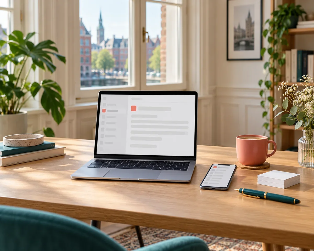 Heller Schreibtisch in einem Altbau-Büro mit aufgeklapptem Laptop, Smartphone, leeren Visitenkarten, Füller und korallfarbener Kaffeetasse
