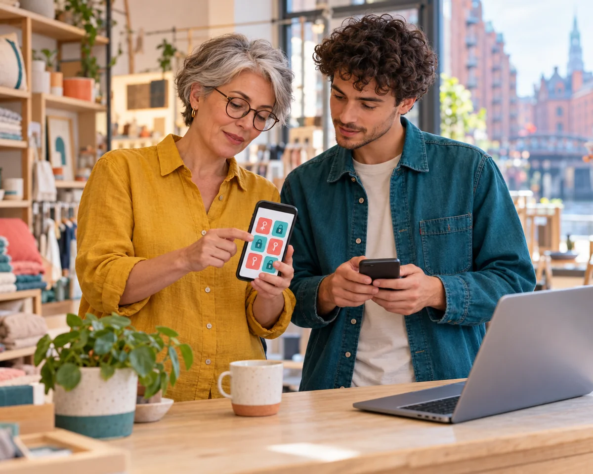 Die Passwörter App von Apple im Team: Zugangsdaten mit geteilten Gruppen sicher weitergeben – und wann ein eigener Passwort Manager besser passt Inhaberin eines kleinen Hamburger Ladens zeigt einem neuen Mitarbeiter am Tresen Zugangsdaten auf dem Smartphone, daneben ein Laptop