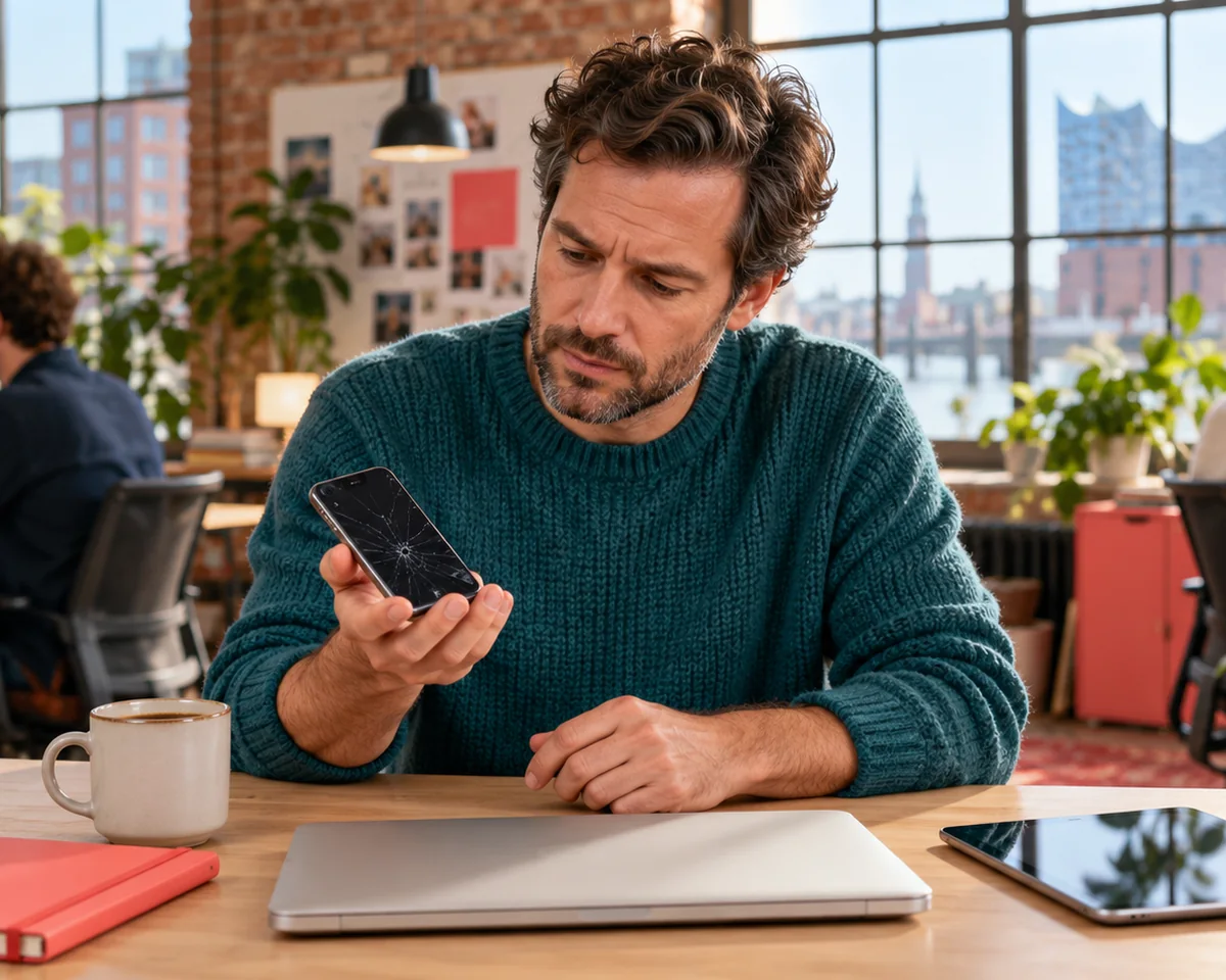 AppleCare für Firmengeräte: Wann sich AppleCare+ oder AppleCare One für kleine Teams lohnt Mitarbeiter in einem Hamburger Büro prüft ein iPhone mit gesprungenem Display, daneben Laptop und Tablet des Teams