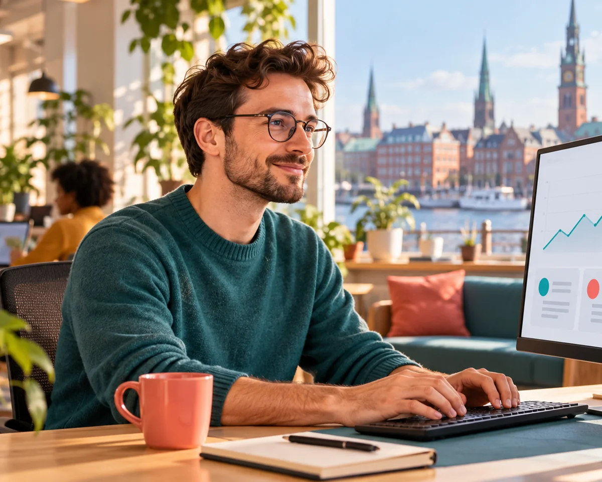 Bing Webmaster Tools : So misst du deine Sichtbarkeit in Copilot und richtest IndexNow ein Website-Betreuer prüft am Monitor ein Dashboard mit Diagrammen zur Sichtbarkeit in KI-Antworten