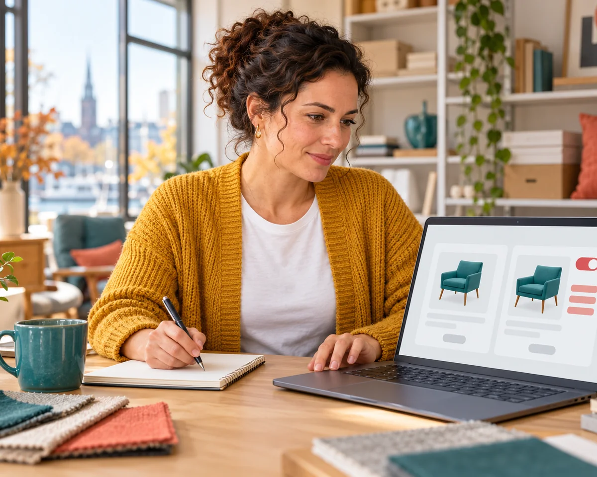 Inhaberin eines kleinen Hamburger Einrichtungsladens vergleicht am Laptop zwei Anzeigenvarianten und einen Schalter für automatische Änderungen