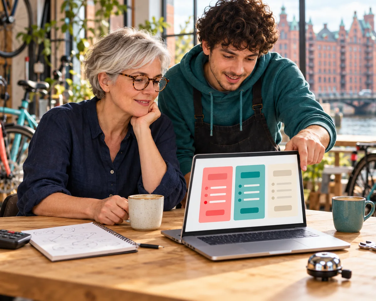 ChatGPT Plus, Pro oder Business? Was die ChatGPT Tarife kosten, welche Funktionen nur in teureren Plänen stecken und was zu kleinen Teams passt Inhaberin einer kleinen Hamburger Fahrradwerkstatt vergleicht mit einem Kollegen am Laptop drei Tarifkarten, daneben Notizblock und Kaffee