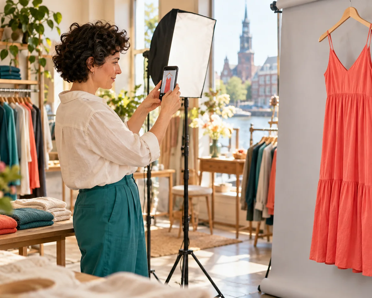ChatGPT probiert Kleidung virtuell an: Was Mode Shops auf Shopify an Produktbildern und Produktdaten jetzt prüfen sollten Inhaberin einer kleinen Modeboutique fotografiert ein Kleidungsstück vor hellem Hintergrund – klare Produktbilder für die virtuelle Anprobe in ChatGPT