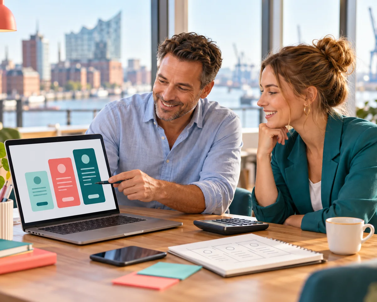 Claude Pro, Max oder Team? Was die Claude Tarife kosten, was die API Guthaben im Team Plan bringen und welcher Plan zu kleinen Firmen passt Zwei Personen einer kleinen Agentur vergleichen am Laptop verschiedene Tarife – Claude Pro, Max oder Team für kleine Firmen