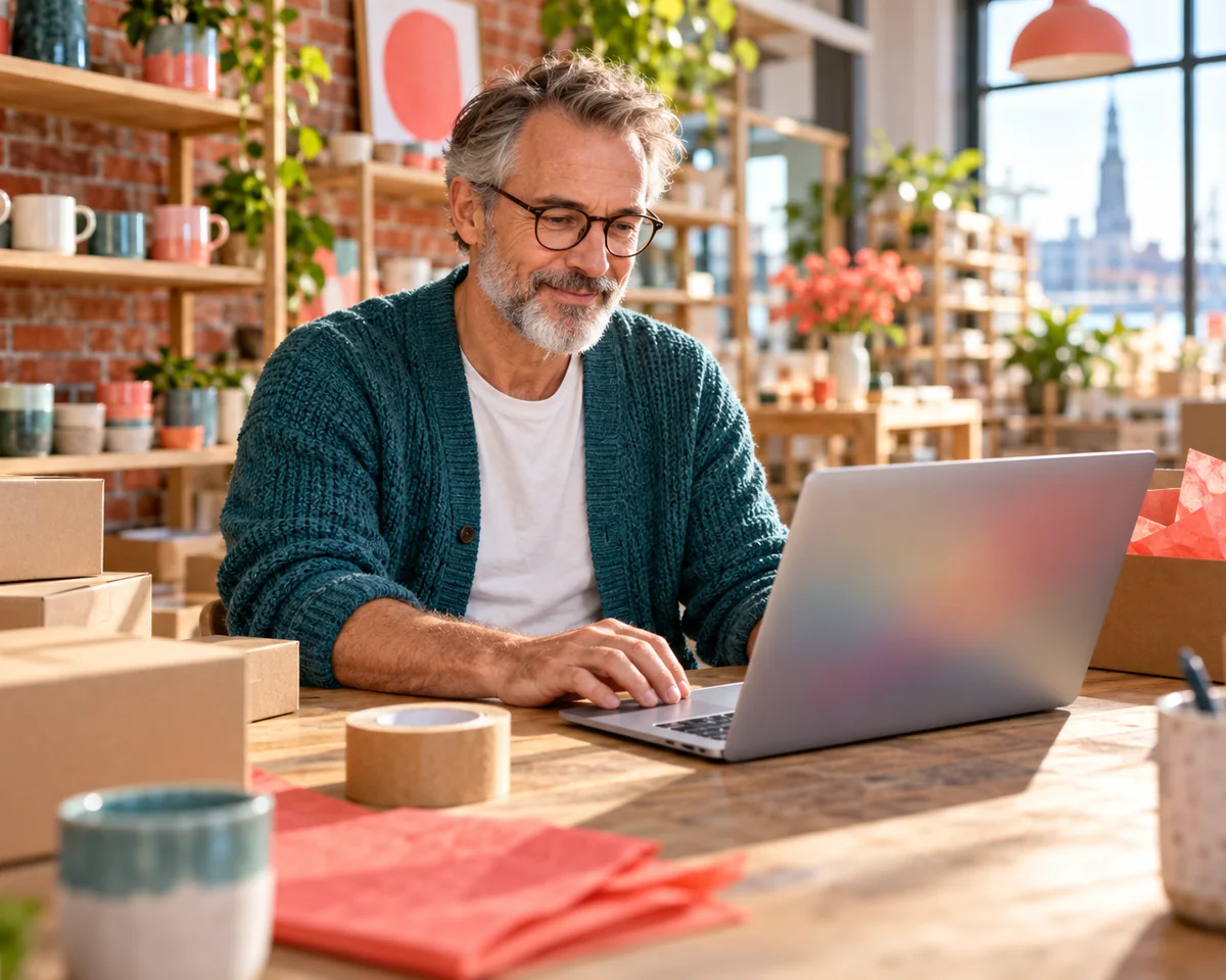 Inhaber eines kleinen Hamburger Onlineshops prüft am Laptop neben Versandkartons einen Vorschlag, bevor er ihn freigibt
