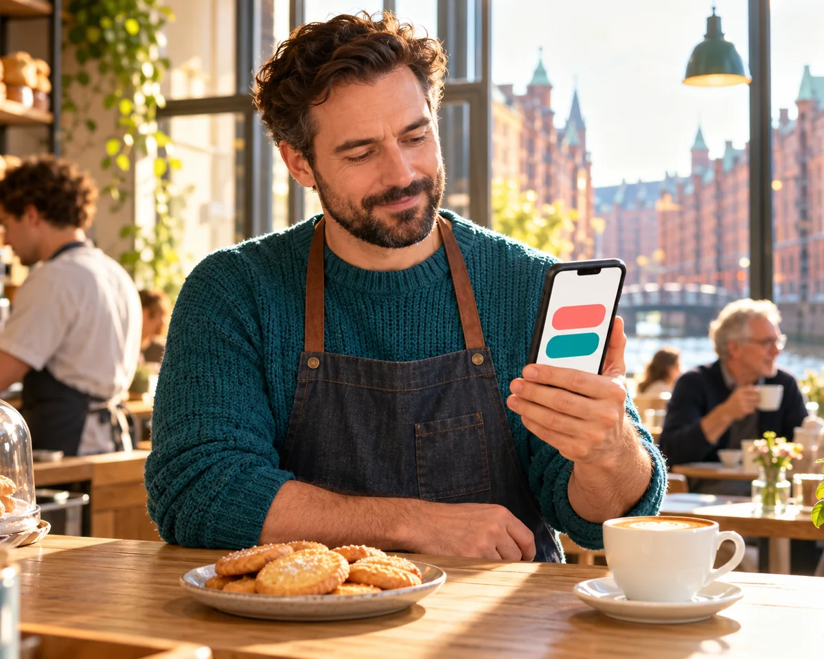Cookie Banner vor dem Umbau: Was der EU Ratsentwurf zum Digital Omnibus ändern würde und was du heute schon richtig machst Inhaber eines kleinen Hamburger Cafés prüft auf dem Smartphone das Cookie-Banner seiner Website, davor ein Teller mit Keksen