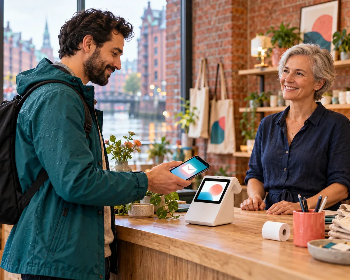 Digitaler Kassenbon und Kundenerkennung an der Kasse: Was Shopify POS jetzt kann und was in Deutschland erlaubt ist Kunde hält an der Ladenkasse eines Hamburger Geschäfts sein Smartphone neben ein Kartenterminal, um den digitalen Kassenbon zu erhalten