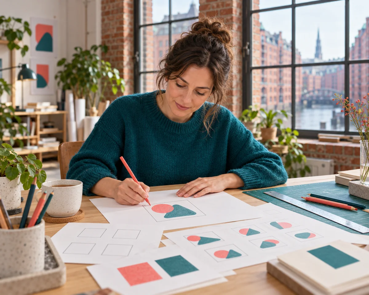 Designerin im hellen Hamburger Studio skizziert ein kleines quadratisches Icon, auf dem Tisch Papierskizzen von Quadraten