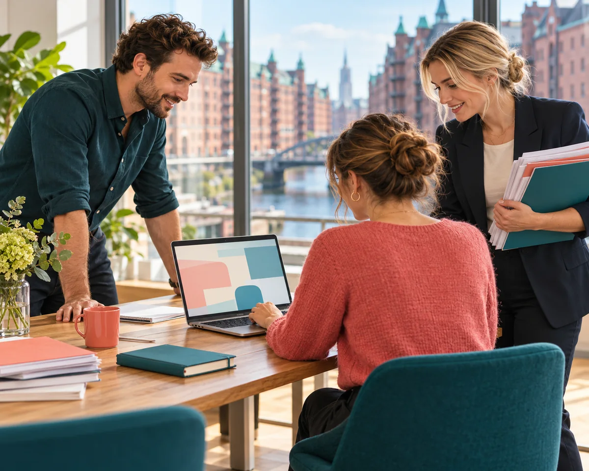 Kleines Team in einem hellen Hamburger Büro sortiert Dokumentenstapel, eine Frau arbeitet am Laptop, zwei Kollegen schauen ihr über die Schulter