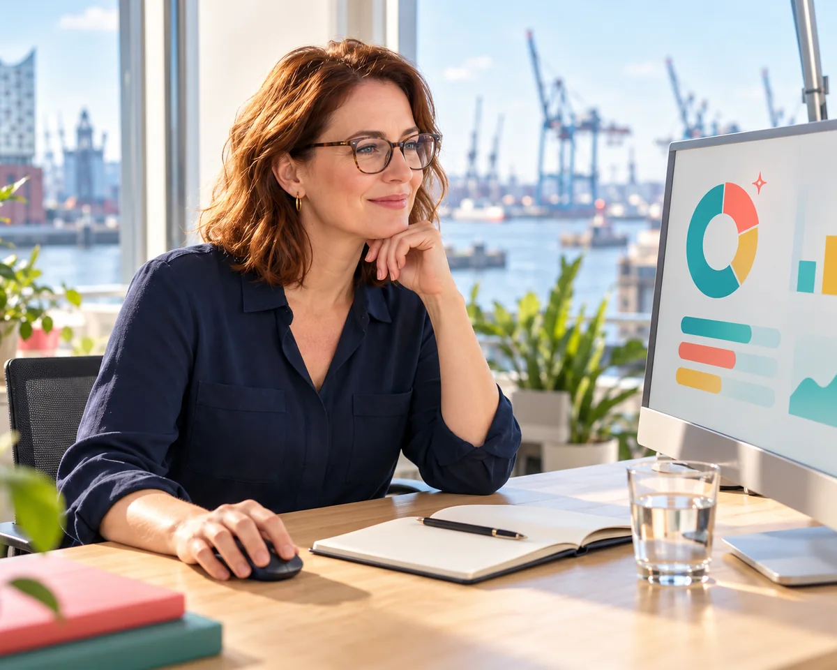 Gemini setzt UTM Parameter: So trennst du KI Traffic in GA Marketing-Verantwortliche analysiert am Monitor ein Dashboard, in dem ein KI-Segment hervorgehoben ist – KI-Traffic in GA4