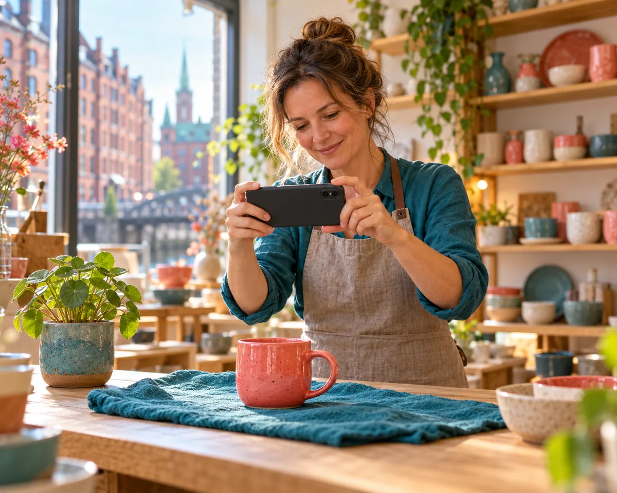 Google Beiträge rücken im Unternehmensprofil wieder nach oben: Lohnt sich das Posten für Hamburger Betriebe wieder – und was du jede Woche veröffentlichst Ladeninhaberin in Hamburg fotografiert eine Keramiktasse mit dem Smartphone für einen Beitrag im Google-Unternehmensprofil