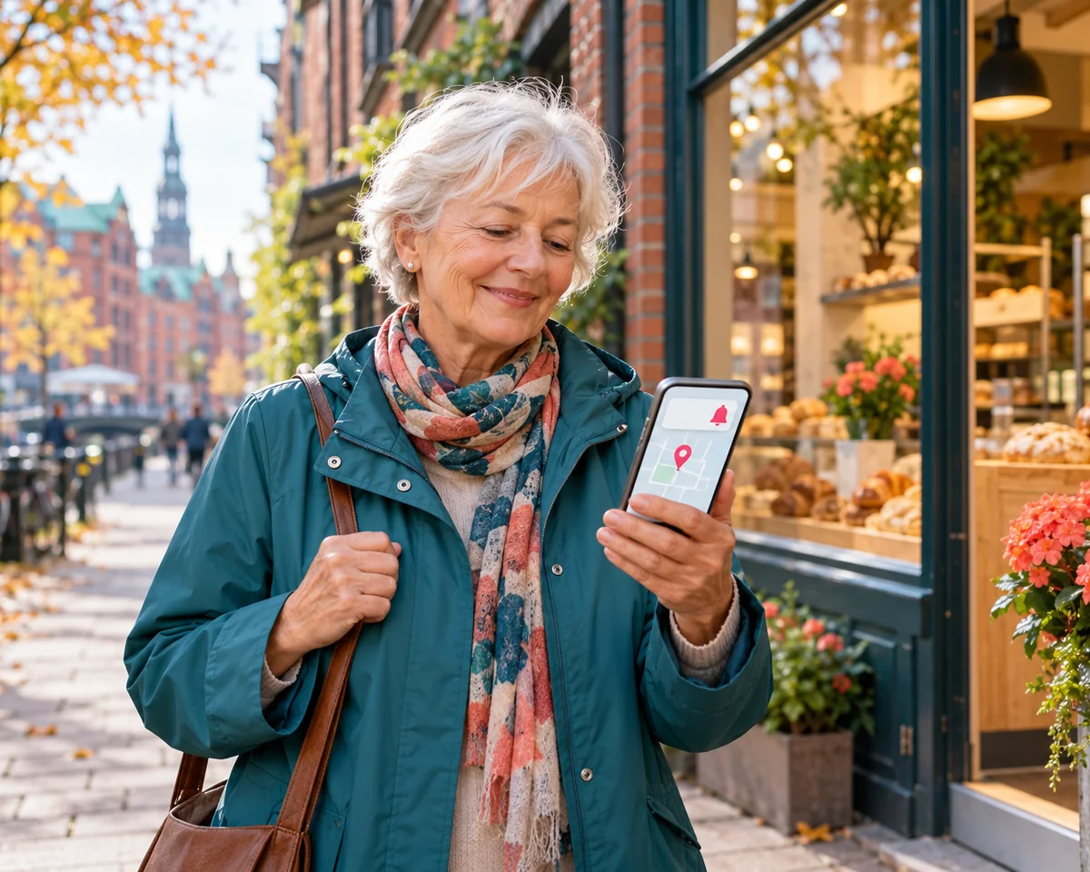 Google KI Modus überwacht jetzt Preise und Neueröffnungen: So wirst du gemeldet Ältere Frau vor einer neu eröffneten Bäckerei in Hamburg sieht auf dem Smartphone eine Benachrichtigung mit Kartenpin – Überwachung im Google KI-Modus