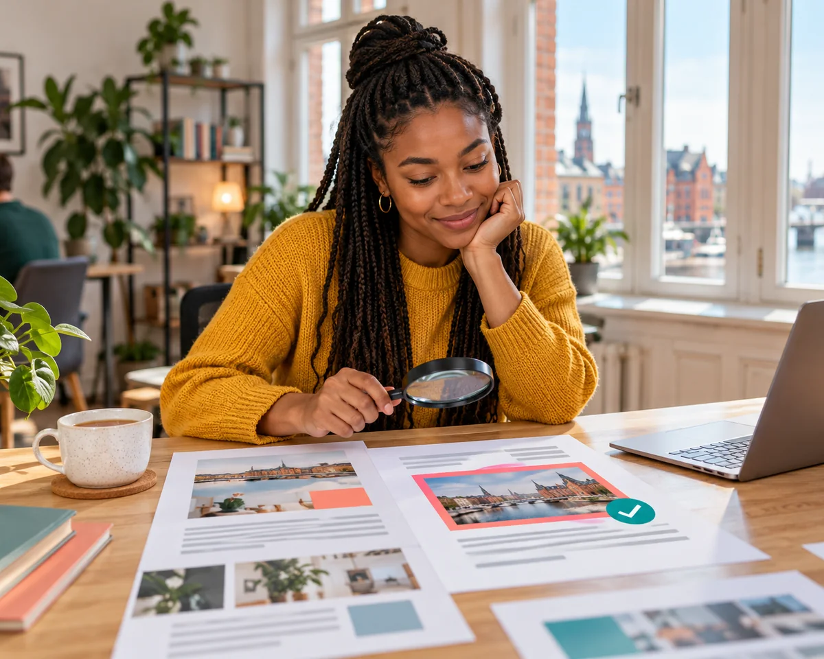 Google erklärt, was „Main Content“ ist: So prüfst du deine Seiten auf Aufwand, Originalität und Genauigkeit Redakteurin prüft mit einer Lupe ausgedruckte Seitenlayouts und markiert den Hauptinhalt – Main Content nach Google prüfen