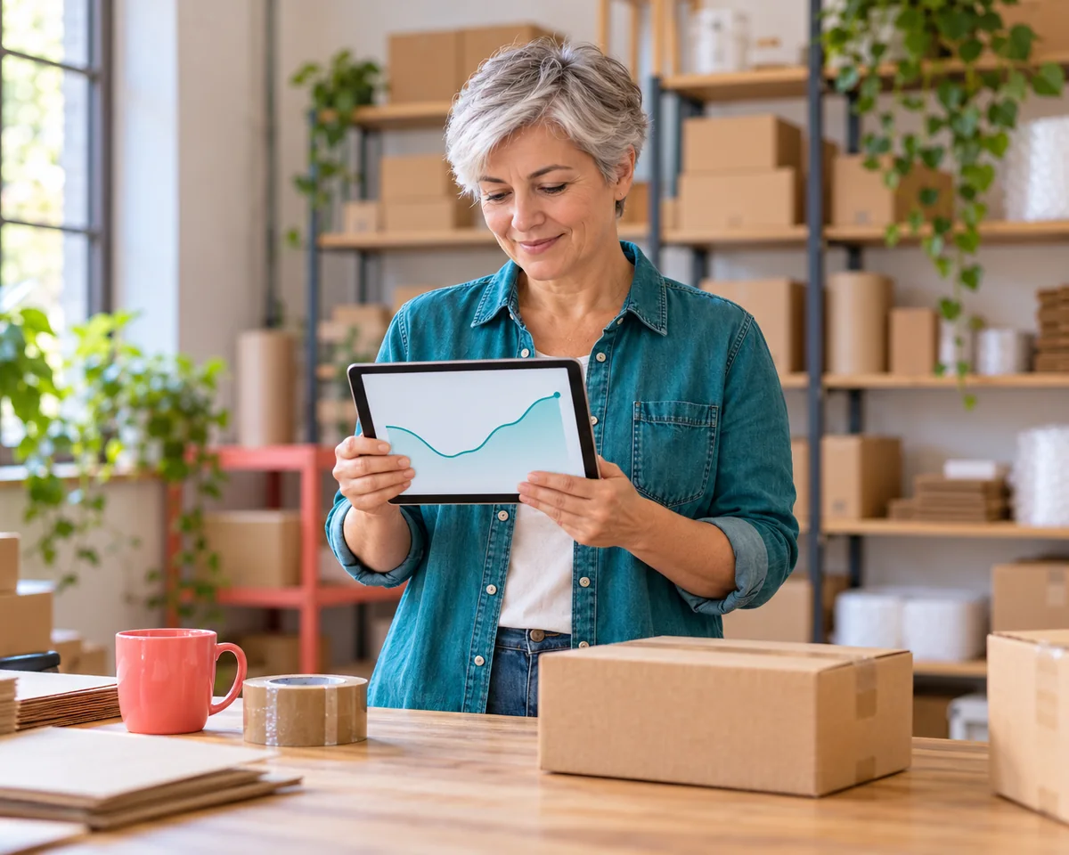 Google Spam Update September : So prüfst du in der Search Console, ob du betroffen bist Inhaberin eines kleinen Online-Shops prüft im Lager auf dem Tablet eine Kurve, die absinkt und wieder steigt – Ranking-Check nach dem Google Spam-Update