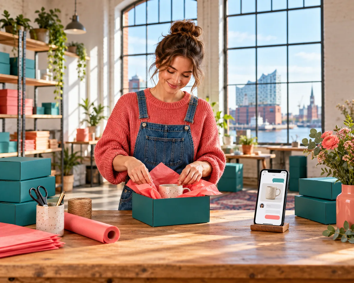 Shop-Inhaberin packt in einem hellen Hamburger Loft mit Elbphilharmonie-Blick eine Bestellung, daneben ein Smartphone mit Einkaufs-Chat