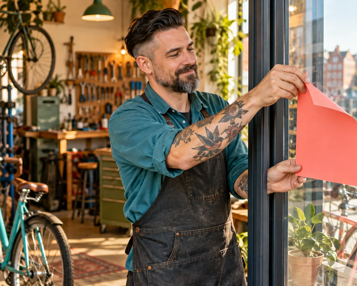 Neue Regeln bei Google Maps: Keine Preise und Aktionen mehr im Unternehmensprofil – was Hamburger Betriebe jetzt ändern Inhaber einer Fahrradwerkstatt nimmt ein Aktionsplakat vom Schaufenster – neue Regeln im Google-Unternehmensprofil