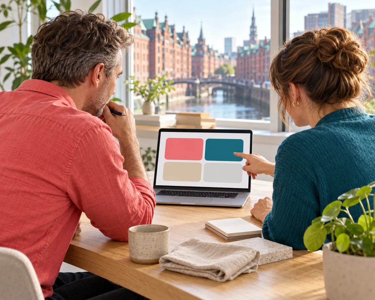 GPT Modelle erklärt: Luna, Astra, Sol und das neue Terra – welches Modell im Chat, in Work und per API passt Mann und Frau in einem hellen Hamburger Büro mit Blick auf die Speicherstadt vergleichen am Laptop vier farbige Felder, daneben Tasse und Stoffmuster