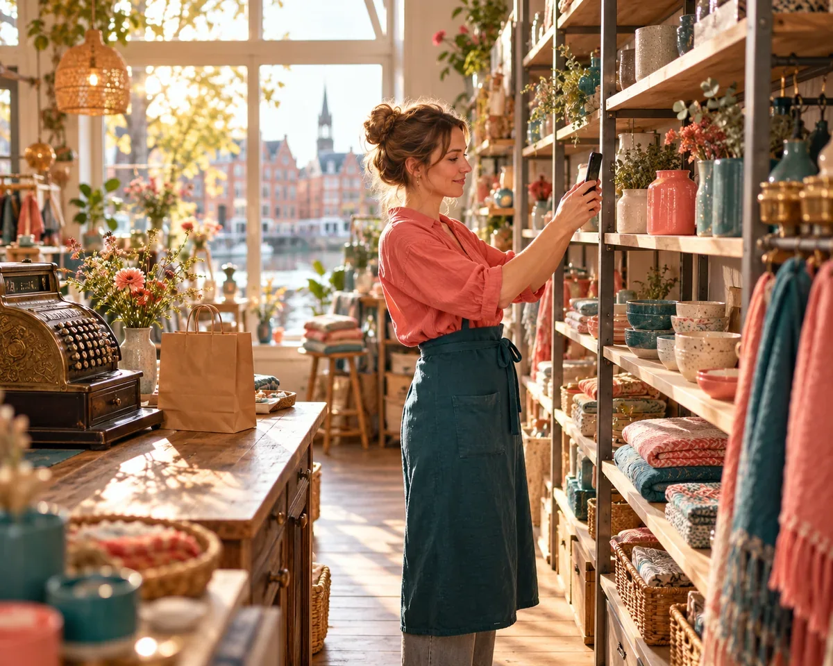 Links in Instagram Posts kosten jetzt Geld: Lohnt sich Meta One für Hamburger Betriebe – oder reicht der Link in der Bio? Ladeninhaberin in Hamburg fotografiert mit dem Smartphone ein Produkt im Regal, im Vordergrund Registrierkasse und Papiertüte auf dem Holztresen