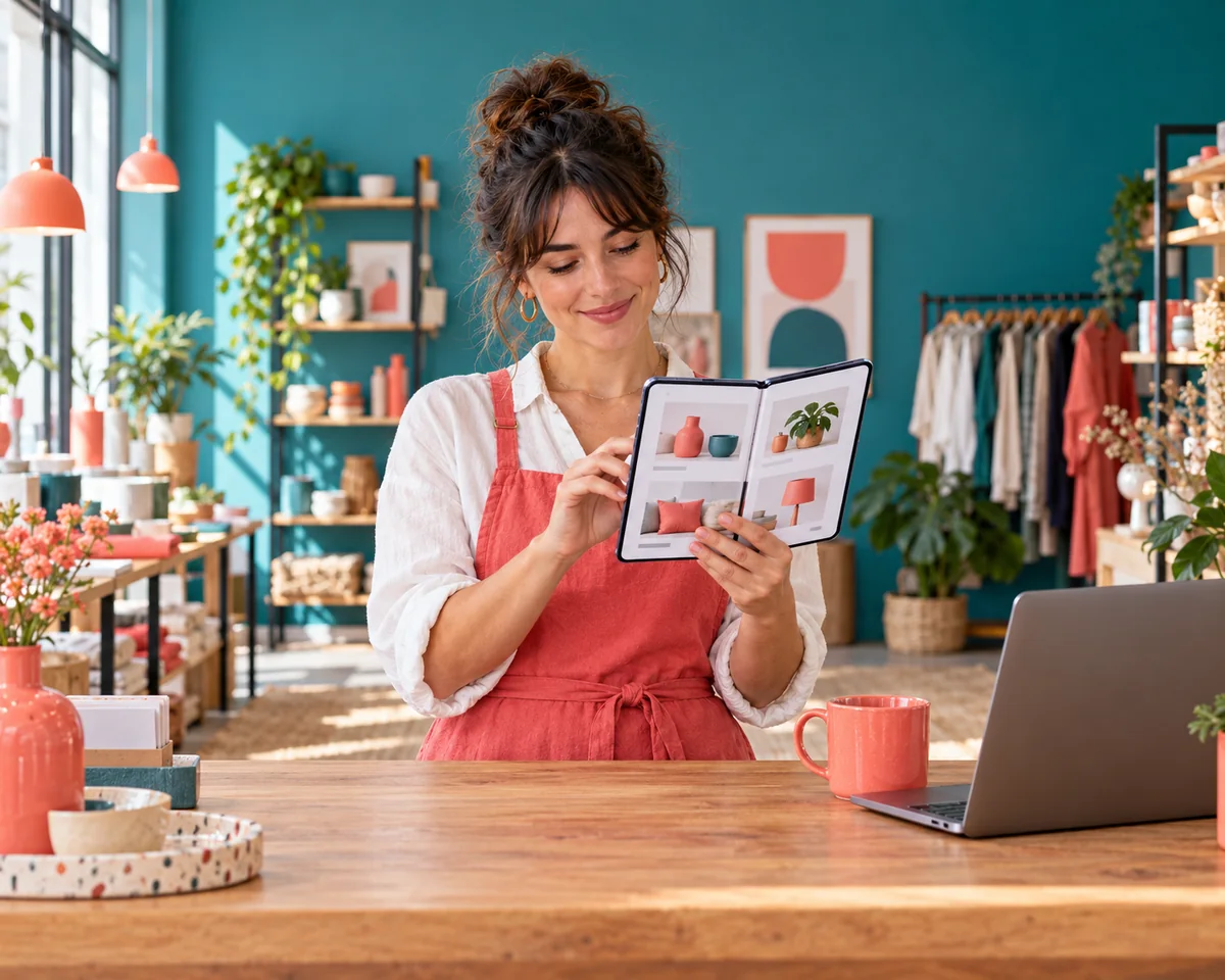 Ladeninhaberin in einem hellen Hamburger Concept Store prüft ihren Onlineshop auf einem aufgeklappten faltbaren Smartphone