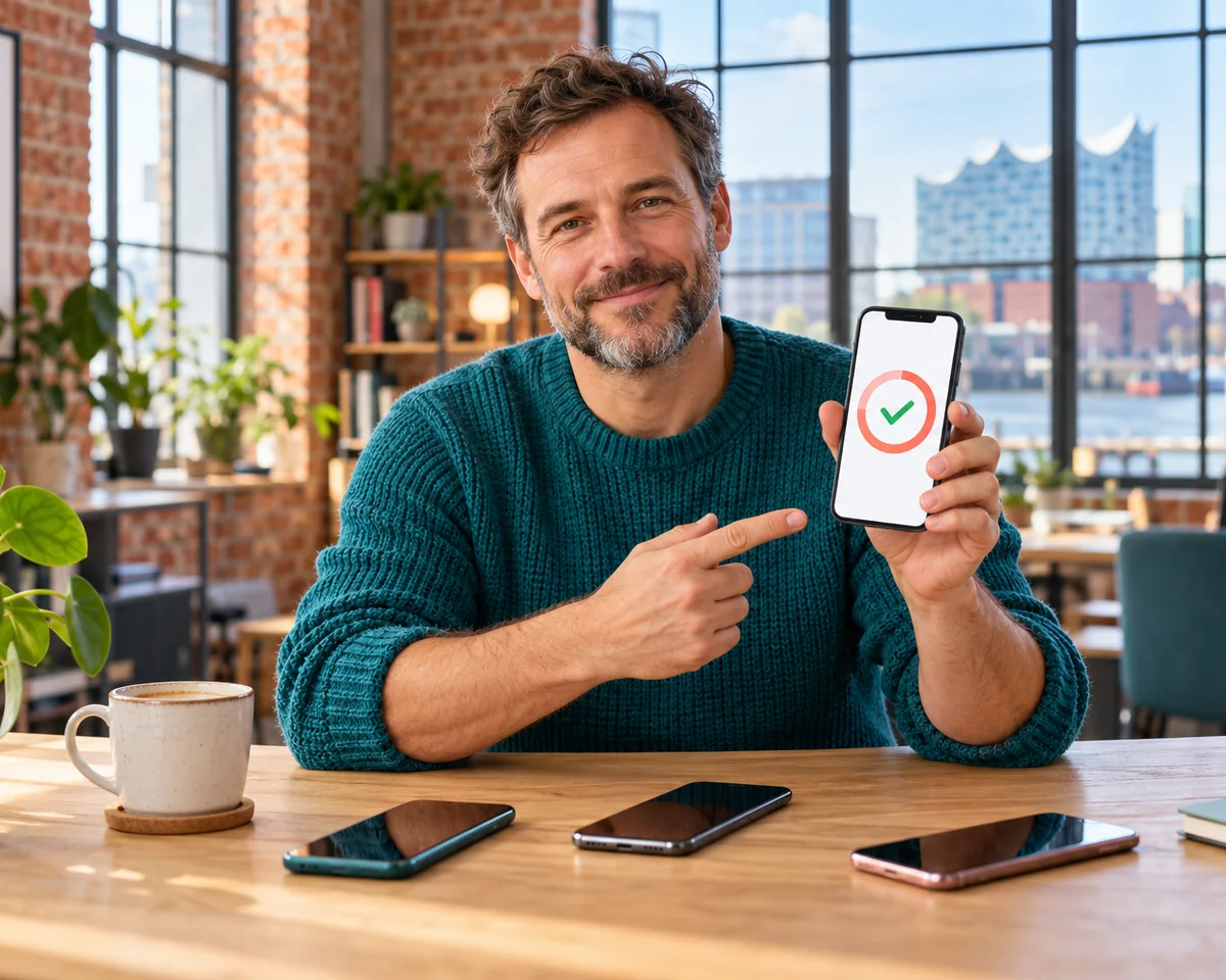 Inhaber eines Hamburger Büros bringt am Tisch die Firmen-Smartphones seines Teams auf den neuesten Stand
