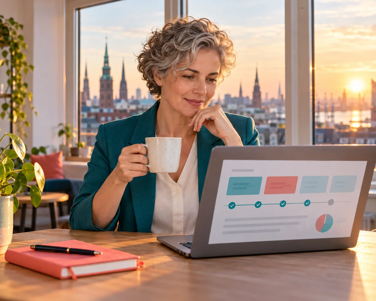 KI Agenten, die jeden Morgen selbst arbeiten: Regeln aus Anthropics Anleitung, damit die Automation nicht unbemerkt ausfällt Inhaberin liest am frühen Morgen im Büro den automatisch erstellten Tagesbericht am Laptop