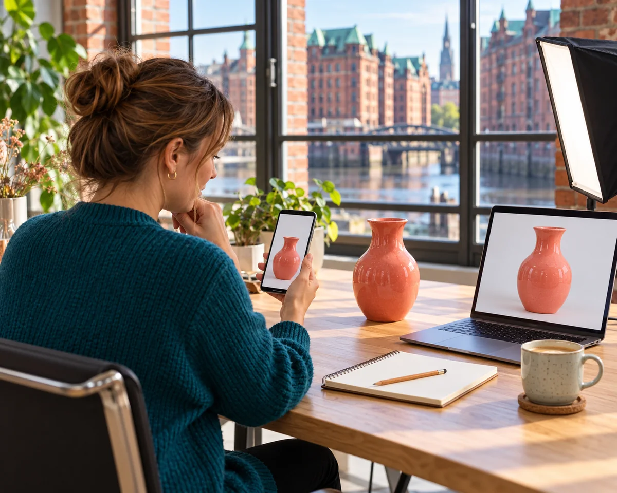 Frau in einem hellen Hamburger Büro prüft auf ihrem Smartphone ein Produktfoto, daneben ein Laptop und das fotografierte Produkt auf dem Tisch