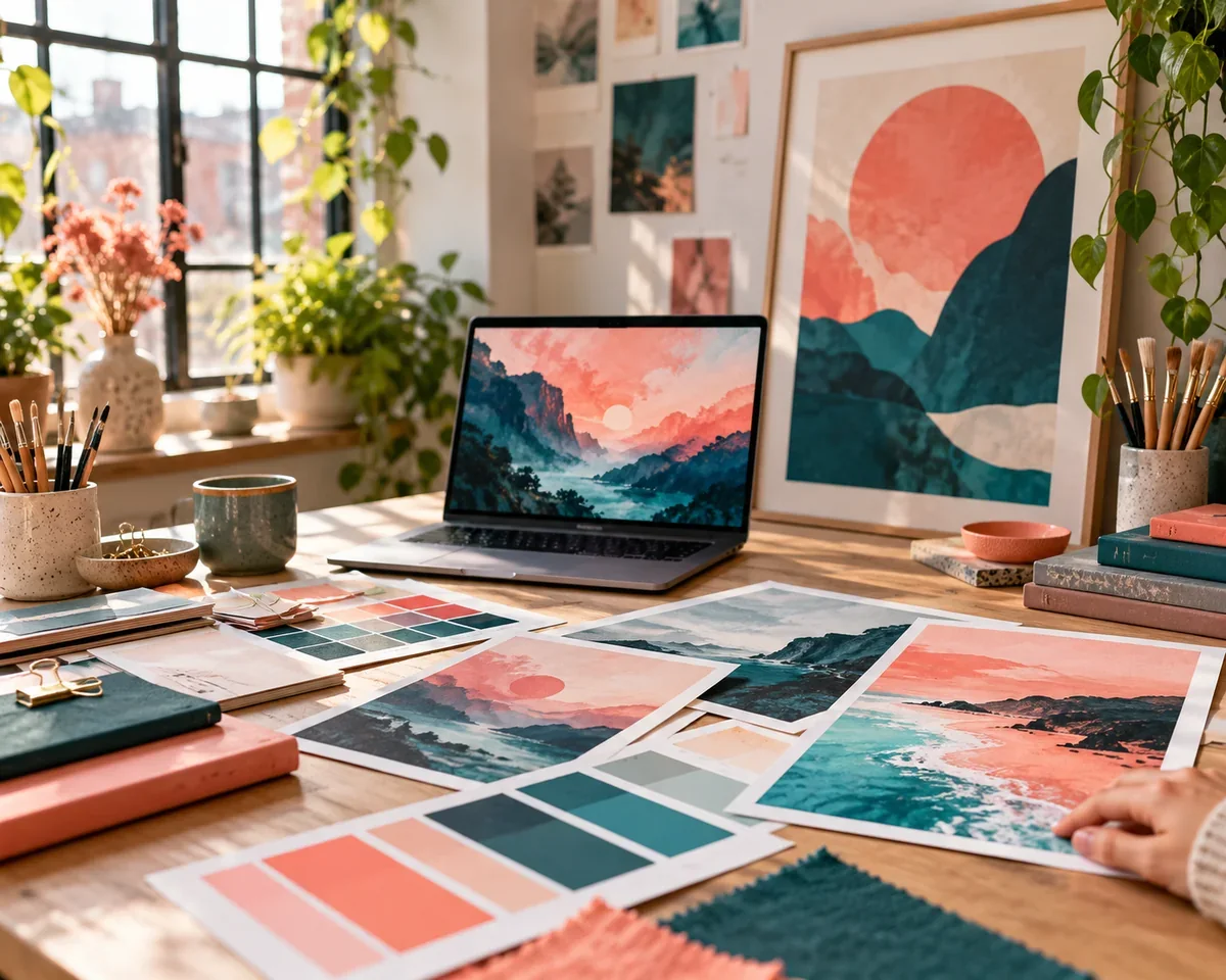 KI Bilder für Shop und Website: Was gut klappt, was du prüfen musst und was erlaubt ist Helles Kreativstudio mit Laptop, ausgedruckten Farbmustern und einem gerahmten abstrakten Bild auf einer Werkbank