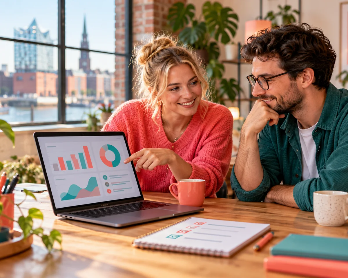 Zwei Personen eines kleinen Marketing-Teams besprechen am Laptop ein Dashboard – Einstieg in KI im Marketing