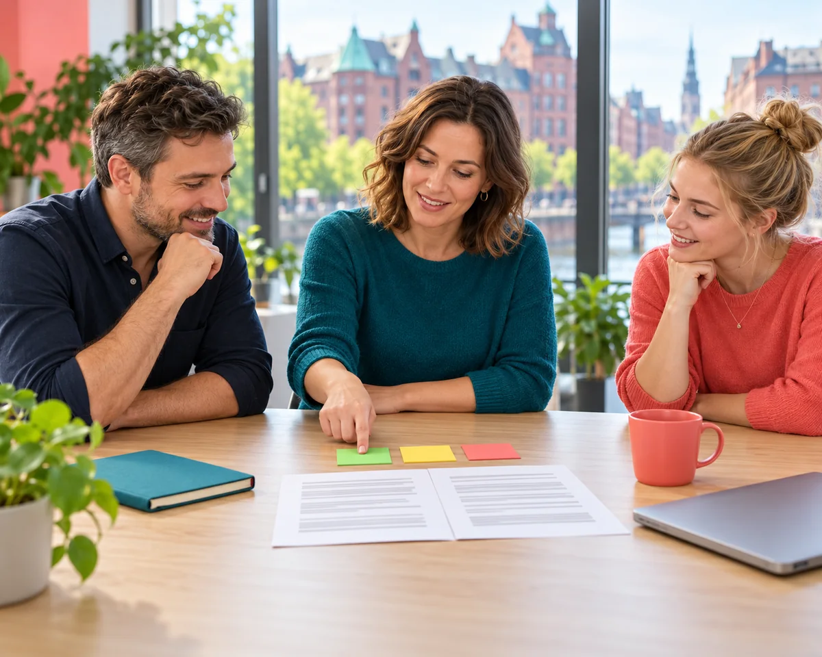 Kleines Team bespricht am Tisch eine kurze schriftliche Regel für den Einsatz von KI-Tools im Unternehmen