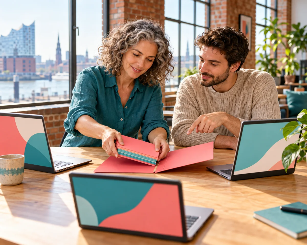 Marketing-Team ordnet farbige Karteikarten in eine Mappe, daneben drei Laptops – Symbolbild für einen KI-Skill, der in mehreren Tools genutzt wird