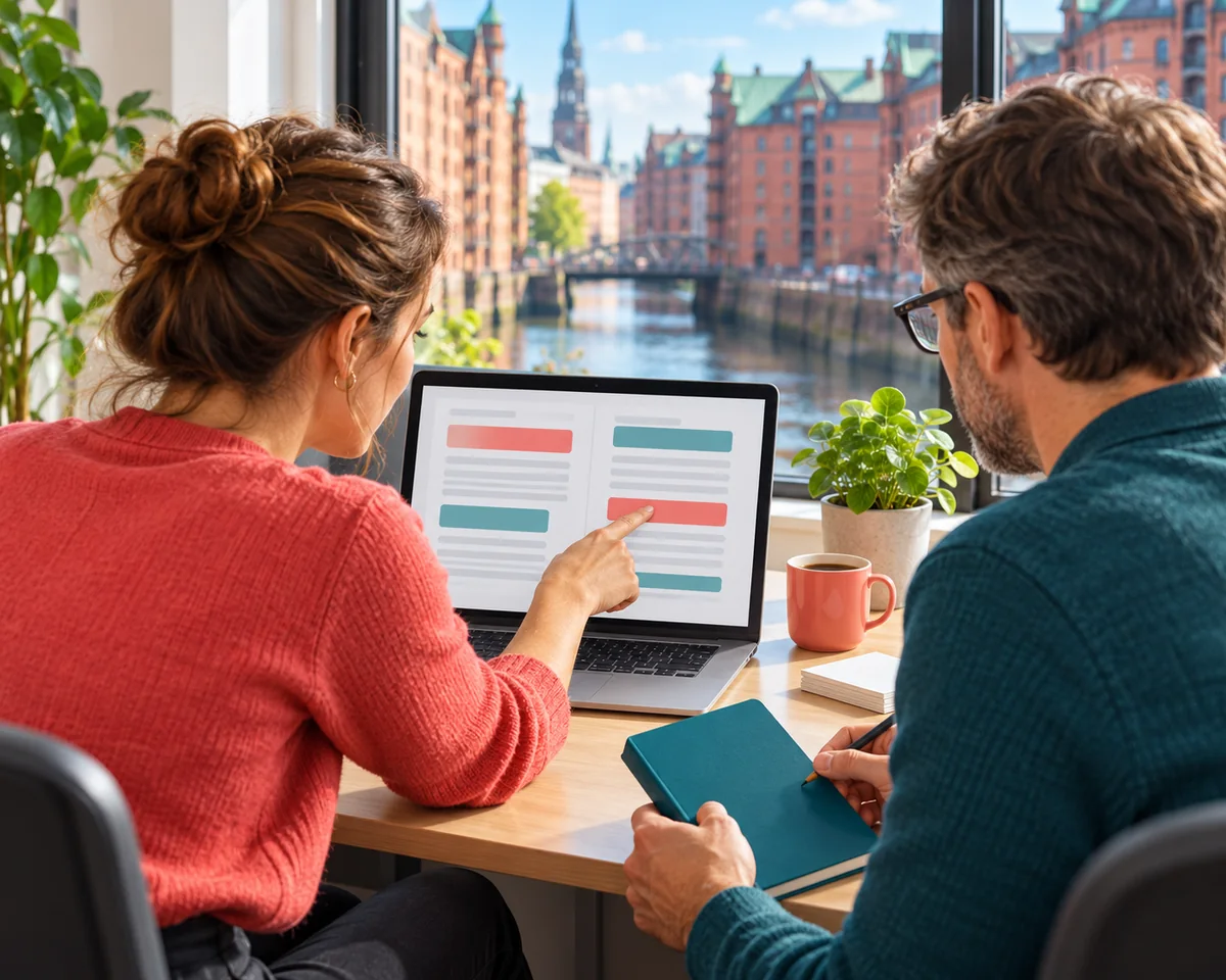 KI Übersetzer im Vergleich: DeepL, ChatGPT und Gemini für Website, Shop und Angebote – und was du prüfst, bevor übersetzte Texte online gehen Zwei Personen in einem hellen Hamburger Büro vergleichen am Laptop zwei Textspalten – übersetzte Website-Texte vor dem Veröffentlichen prüfen