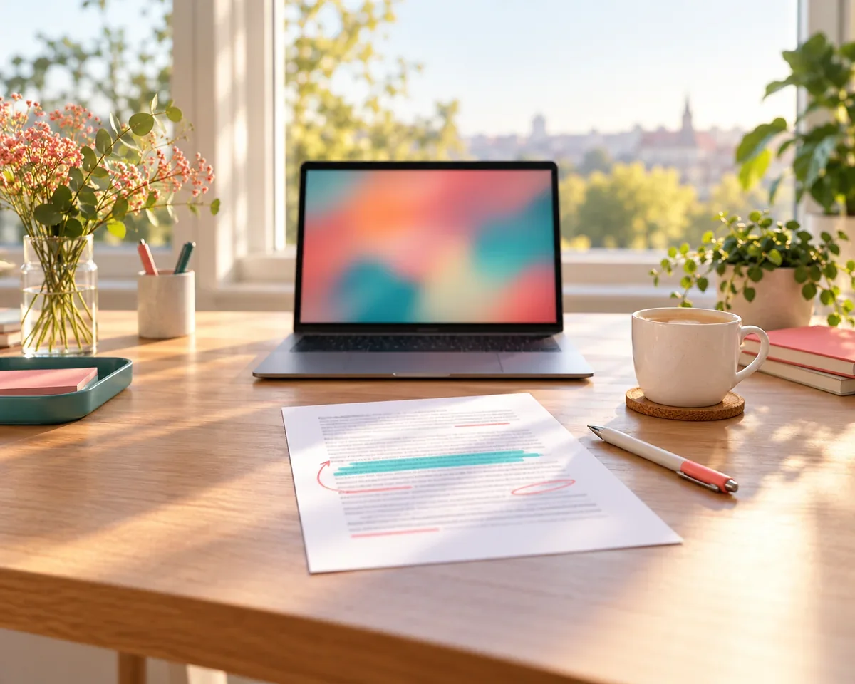 Heller Schreibtisch mit Laptop, einer gedruckten Textseite mit Markierungen, Kaffeetasse und Stift in ruhiger Analyse-Stimmung