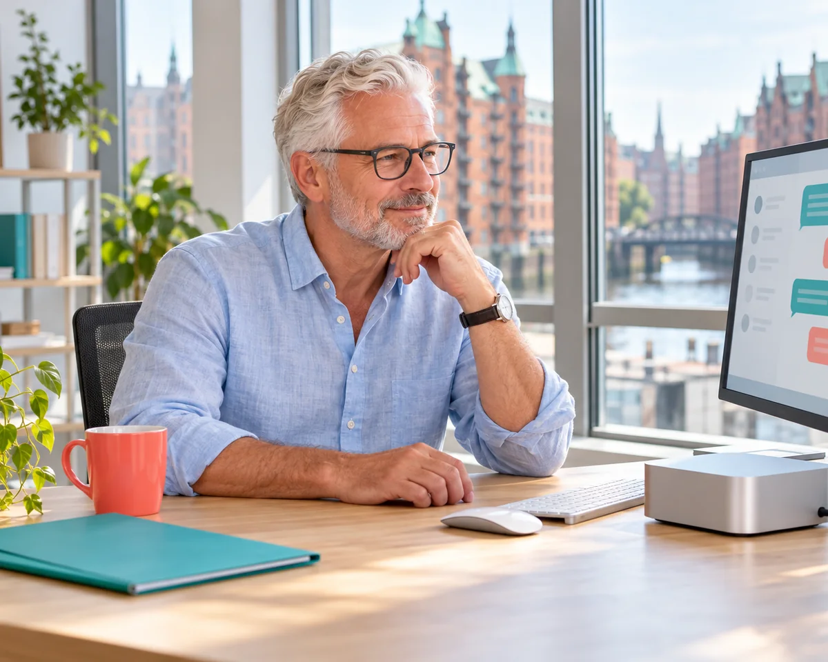 Lokale KI auf dem Büro Mac: Wann ein Mac mini oder Mac Studio ein Sprachmodell intern betreiben kann und was das für den Datenschutz bringt Inhaber eines kleinen Büros in Hamburg arbeitet an einem Bildschirm mit Chatfenster, daneben ein kompakter Desktop-Rechner – lokale KI auf dem Büro-Mac