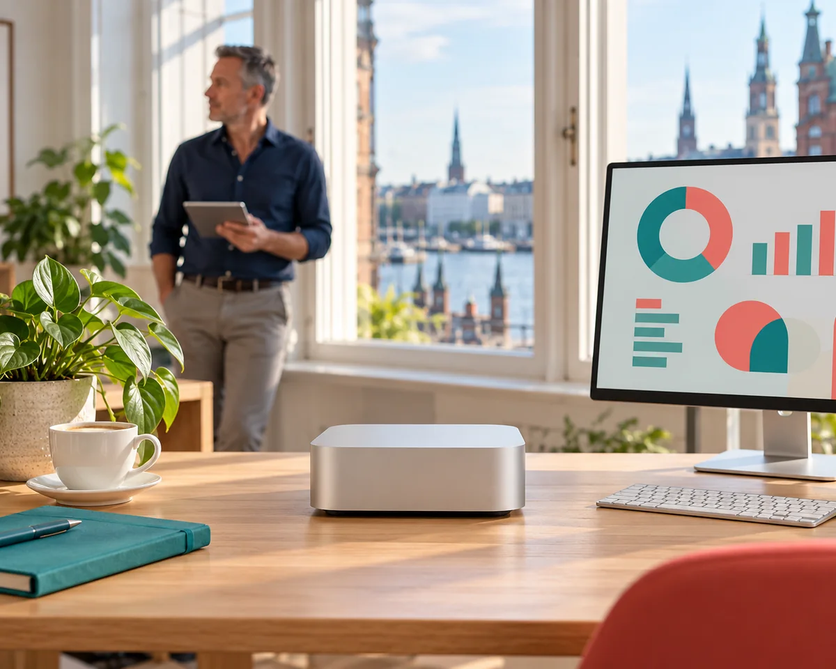 Kompakter silberner Mini-Desktop-Computer auf einem hellen Holzschreibtisch neben einem Monitor mit abstraktem Dashboard, Pflanze und Kaffeetasse; im Hintergrund ein Mann am Fenster eines hellen Büros mit Blick auf Hamburg