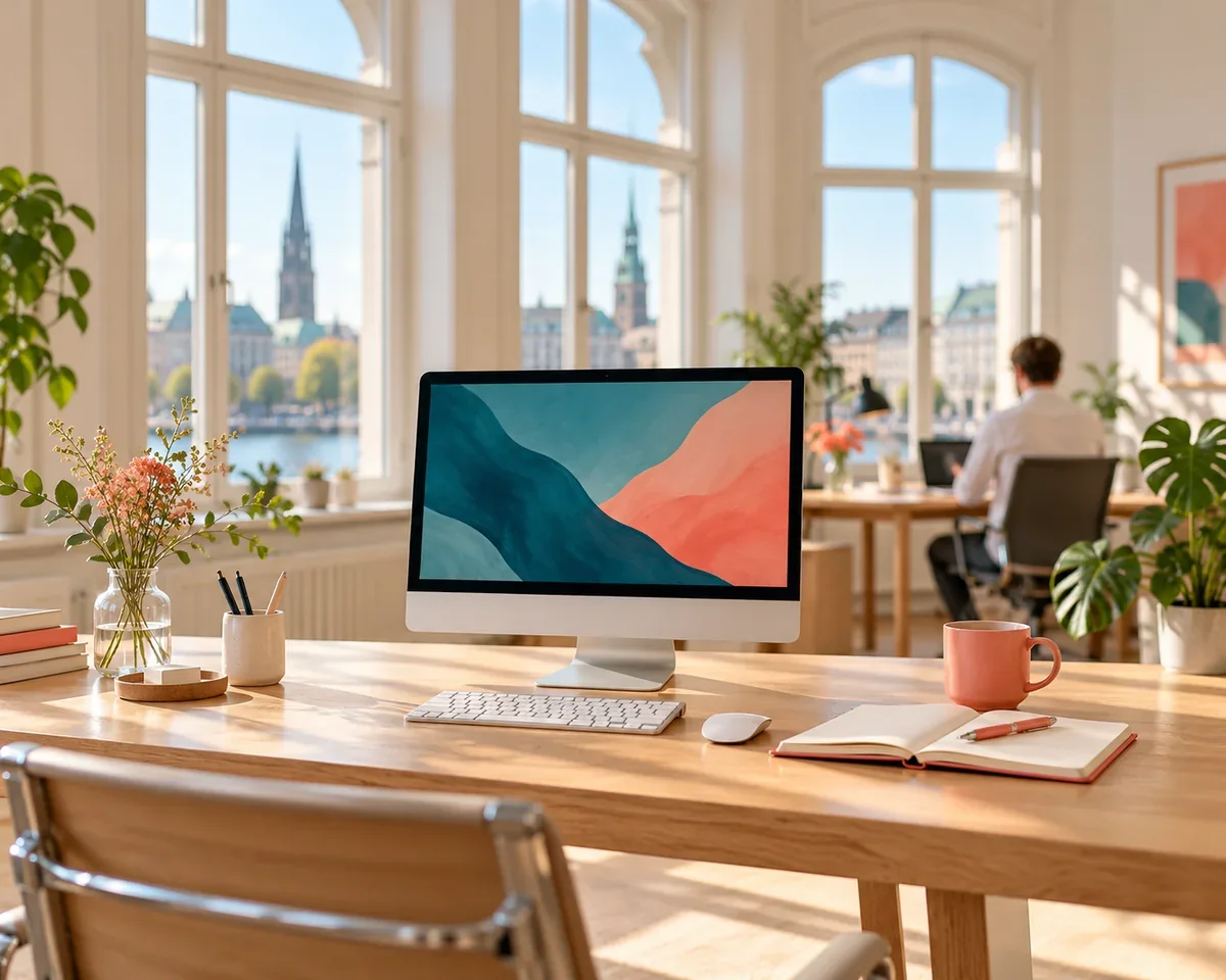 Braucht der Büro Mac einen Virenschutz? Was macOS selbst mitbringt und wann ein Zusatzprogramm sinnvoll ist Heller Büro-Schreibtisch in Hamburg mit Mac, aufgeschlagenem Notizbuch und Kaffeetasse, im Hintergrund unscharf eine arbeitende Person