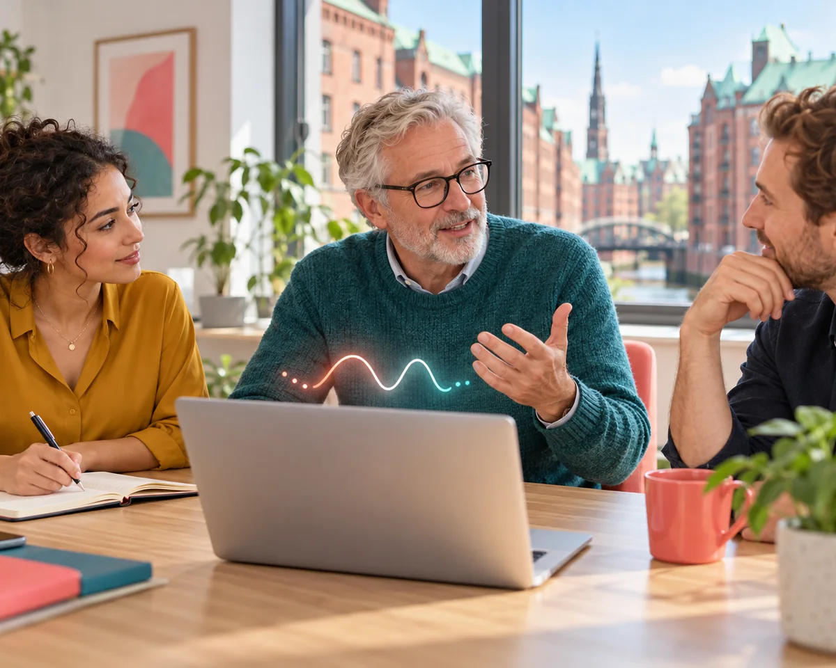 KI Meetingprotokoll ohne Cloud: Wie Google AI Edge Foresight und Apple Notizen Besprechungen auf dem Mac mitschreiben und worauf du beim Datenschutz achtest Drei Kolleginnen und Kollegen besprechen sich an einem Holztisch in einem hellen Hamburger Büro, auf dem Tisch ein Laptop – KI-Meetingprotokoll lokal auf dem Mac