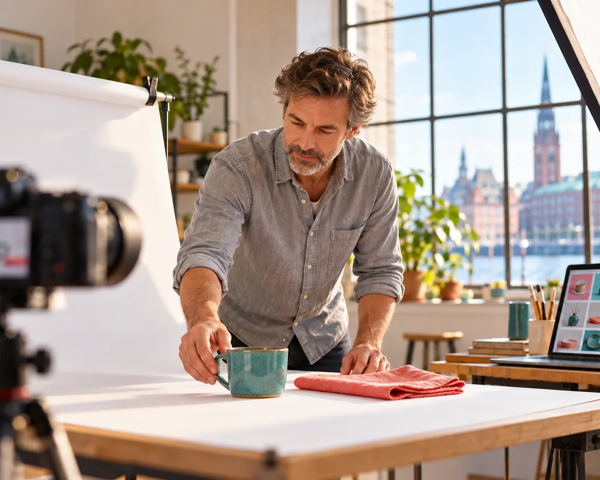 Mann richtet eine Keramiktasse vor weißem Hintergrund für ein Produktfoto aus, daneben Kamera und Laptop mit Bildraster – Produktbilder für das Google Merchant Center