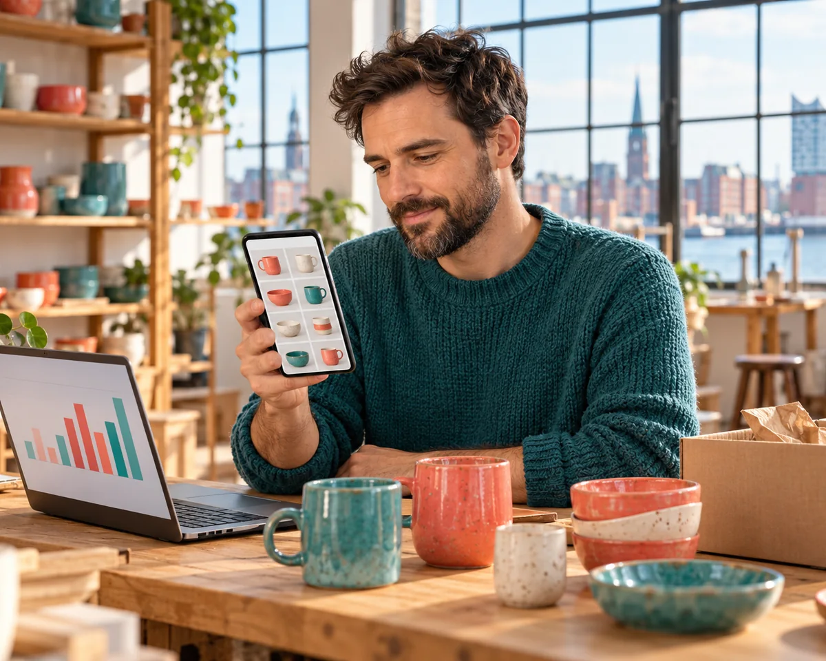 Inhaber eines kleinen Keramik-Onlineshops prüft auf dem Smartphone eine Produktansicht, daneben Laptop mit Anzeigen-Auswertung