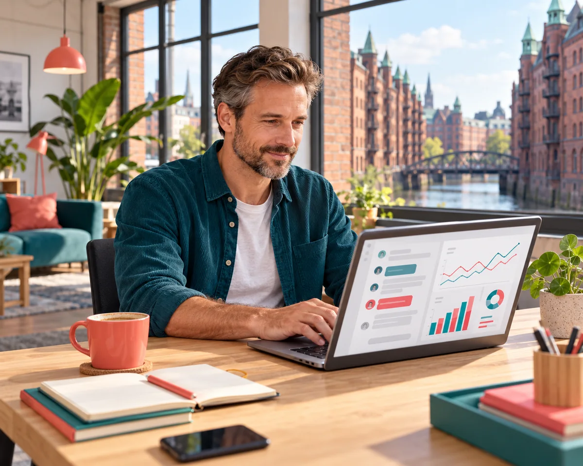 OpenSEO mit KI: Warum ich mein Sistrix Abo kündige Selbstständiger arbeitet am Laptop in einem hellen Hamburger Büro, auf dem Bildschirm ein Gespräch mit einem KI-Assistenten neben Ranking-Diagrammen