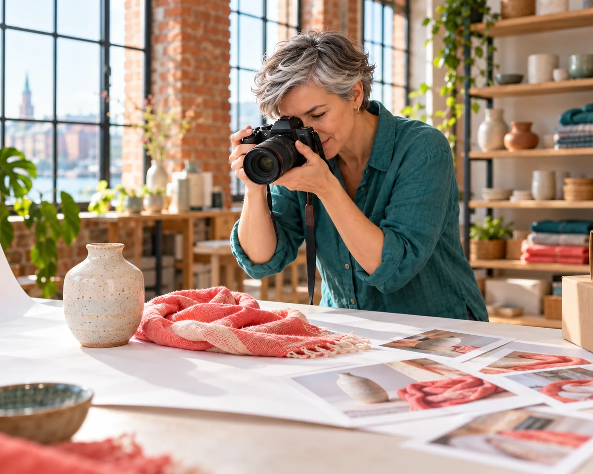 Ab . Dezember holt sich Performance Max Bilder von deiner Website: Was Shopify Shops jetzt prüfen sollten Shop-Betreiberin fotografiert in ihrem hellen Hamburger Atelier mit Backsteinwand eine Keramikvase und einen Schal auf einem weißen Tisch, daneben ausgedruckte Produktfotos
