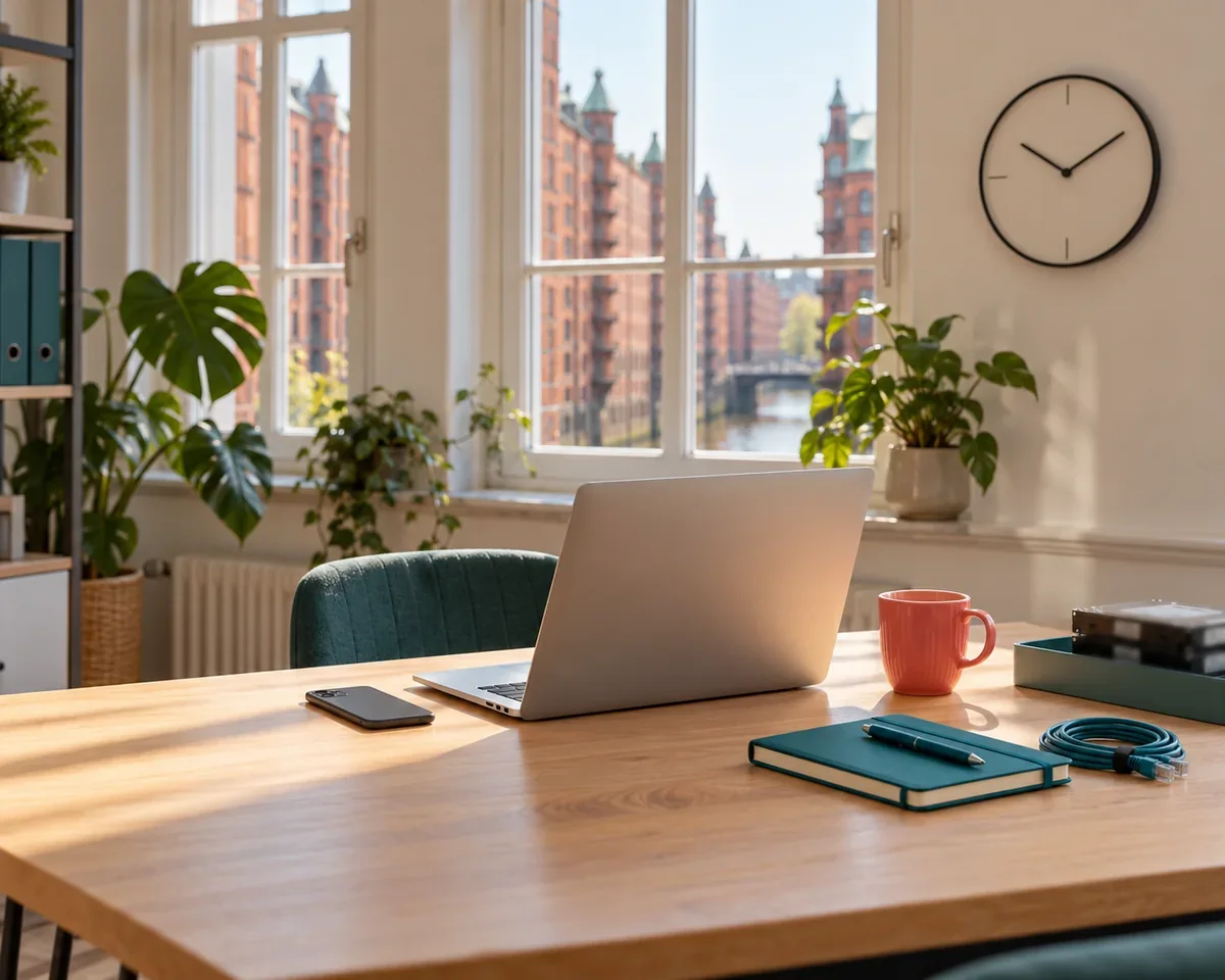 Aufgeräumter Schreibtisch in einem Hamburger Büro mit Blick auf die Speicherstadt, darauf Laptop, Smartphone, Notizbuch, Netzwerkkabel und Festplatten für die Website-Wartung