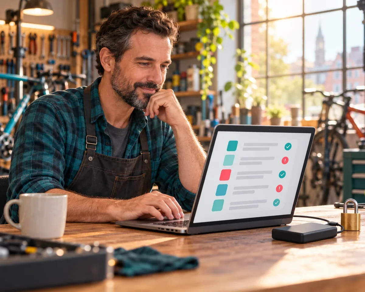 Rank Math PRO .. mit Schadcode ausgeliefert: So prüfst du, ob deine WordPress Seite betroffen ist Inhaber einer Fahrradwerkstatt prüft am Laptop eine Sicherheits-Checkliste für seine WordPress-Seite, daneben Backup-Festplatte und Vorhängeschloss