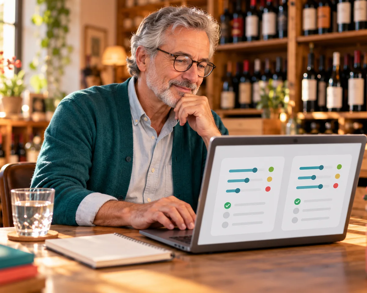 Älterer Weinhändler mit Lesebrille vergleicht im Ladenbüro am Laptop zwei Einstellungs-Oberflächen – SEO-Plugins für WordPress im Vergleich