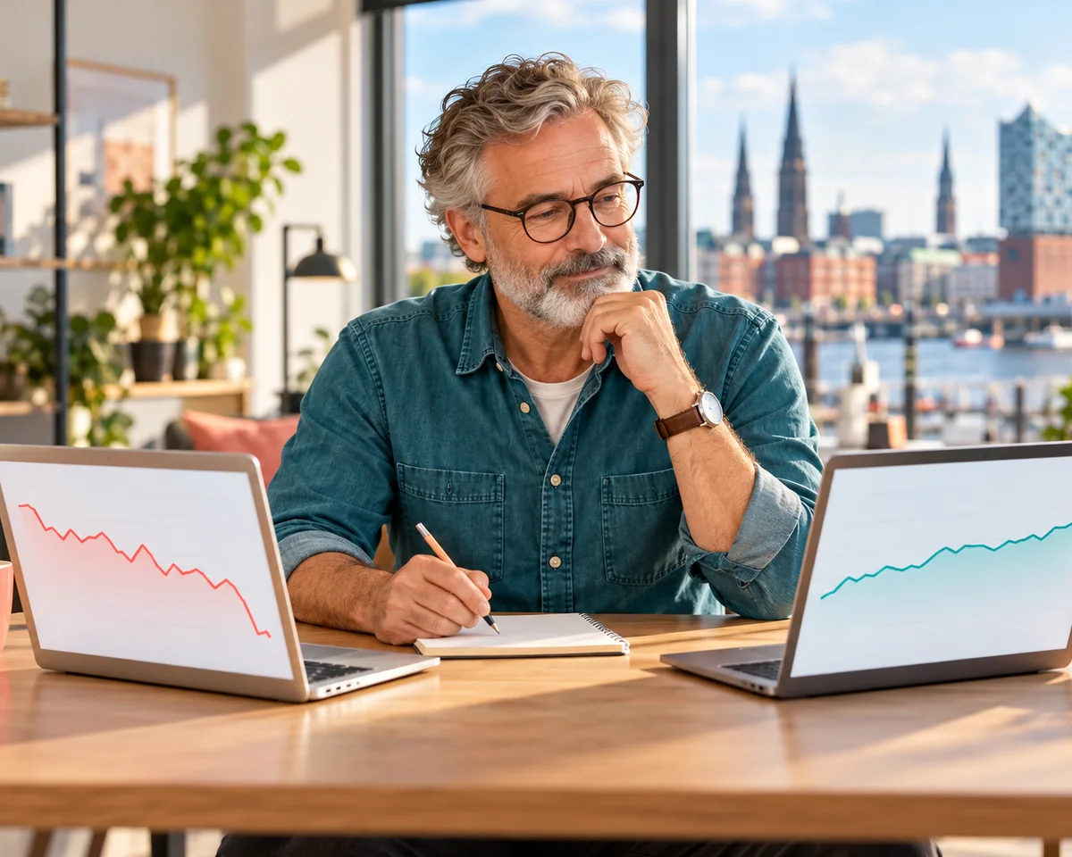Mann vergleicht an zwei Laptops eine fallende und eine steigende Kurve – Ranking-Verlust im Tool mit der Search Console gegenprüfen
