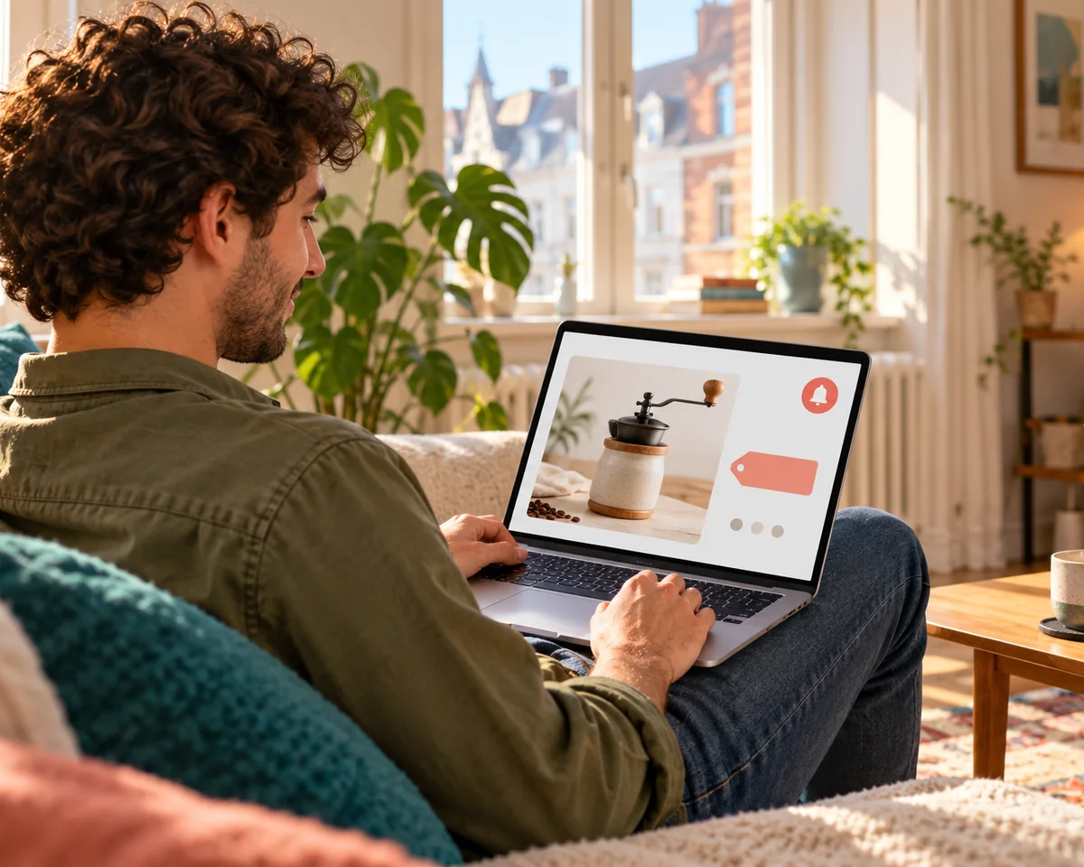 Safari Preisalarm „Notify Me“: Was Shops an ihren Produktseiten jetzt prüfen sollten Junger Mann auf dem Sofa sieht am Laptop eine Produktseite mit Glocken-Benachrichtigung – Preisalarm im Browser